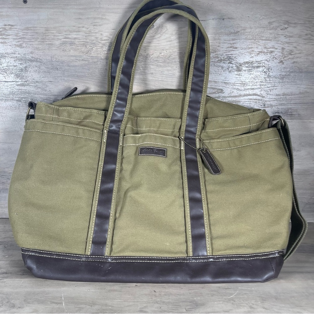 Eddie Bauer Heritage Canvas Insulated Large Tote Diaper Bag Pockets Olive Green